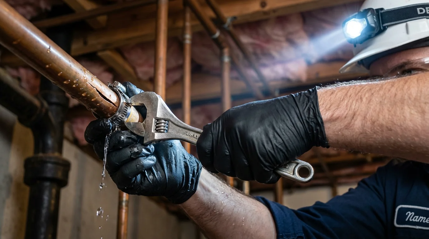 Emergency pipe clamp repair being performed by a Johns Plumbing LLC plumber in Harrison