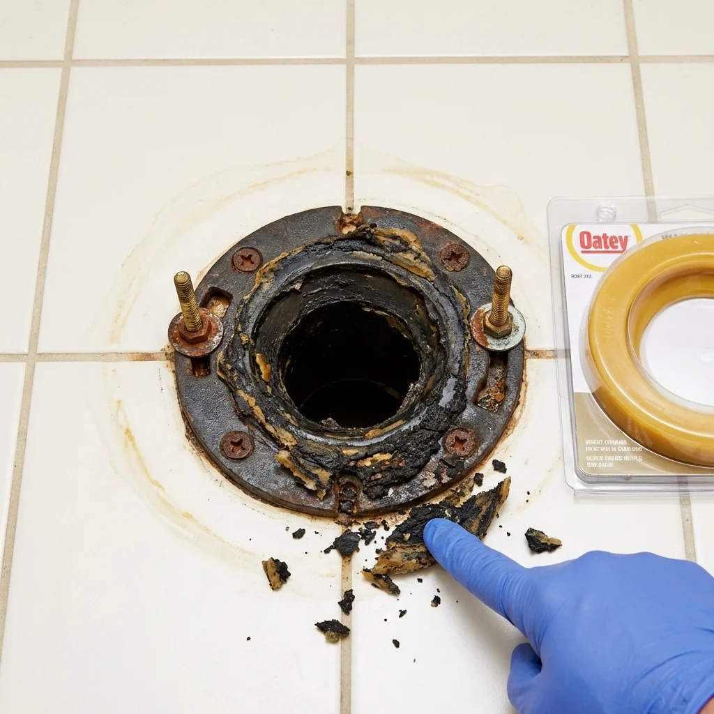 Failed wax ring showing water seepage at the base of a toilet in a Harrison, NJ home
